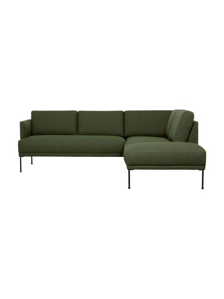 Canapé d'angle en tissu pieds en métal Fluente, Tissu vert foncé, larg. 221 x prof. 200 cm, méridienne à droite