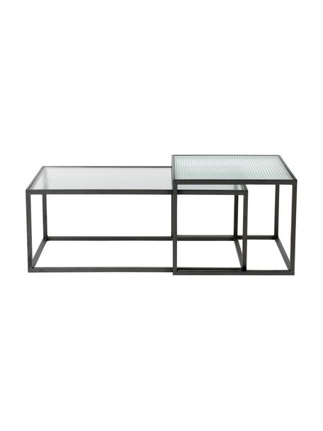 Set 2 tavolini da salotto in metallo con vetro rigato Boli, Struttura: metallo verniciato a polv, Semitrasparente, nero, Set in varie misure