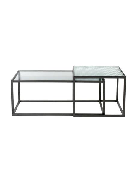 Set de mesas de centro Boli, 2 pzas., con tablero de vidrio estriado, Tablero: vidrio, Estructura: metal con pintura en polv, Transparente, negro, Set de diferentes tamaños