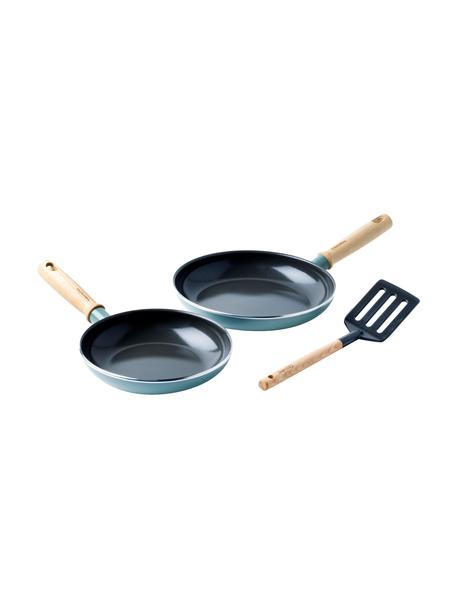 Poêles à frire avec louche Mayflower, 3 élém., Bleu ciel, bois de frêne, Lot de différentes tailles