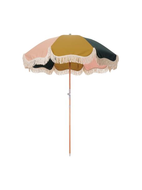 Gekleurde parasol Retro met franjes, knikbaar, Frame: gelamineerd hout, Franjes: katoen, Mosterdgeel, roze, wit, zwart, Ø 180 x H 230 cm