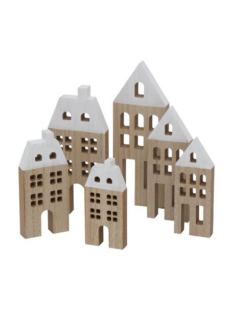 Deko-Häuser Towny aus Holz, 6 Stück, Mitteldichte Holzfaserplatte, beschichtet, Helles Holz, Weiß, Set mit verschiedenen Größen