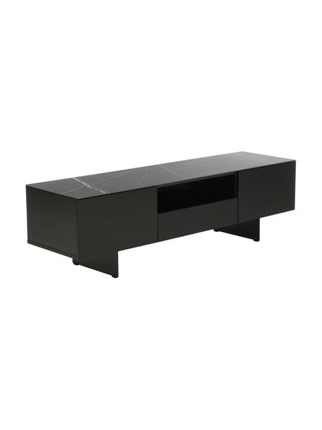 Tv-meubel Fiona met oppervlak in marmerlook, Frame: gelakt MDF, Poten: gepoedercoat metaal, Plank: keramiek, Frame: mat zwart. Poten: mat zwart. Plank: zwart, gemarmerd, 160 x 46 cm