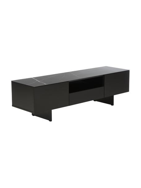 Meuble TV avec plateau aspect marbre Fiona, Noir, larg. 160 x haut. 46 cm