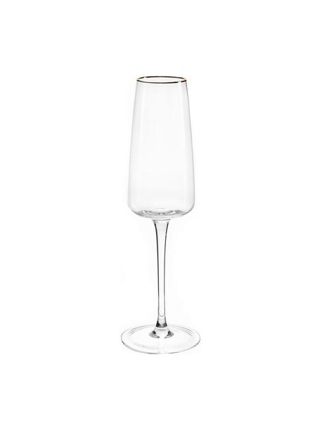 Copas flauta de champán de vidrio soplado artesanalmente Ellery, 4 uds., Vidrio, Transparente con borde dorado, Ø 7 x Al 23 cm