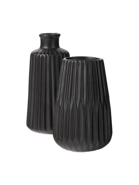 Lot de vases avec relief rainuré Esko, 2 élém., Porcelaine, Noir, De différentes tailles