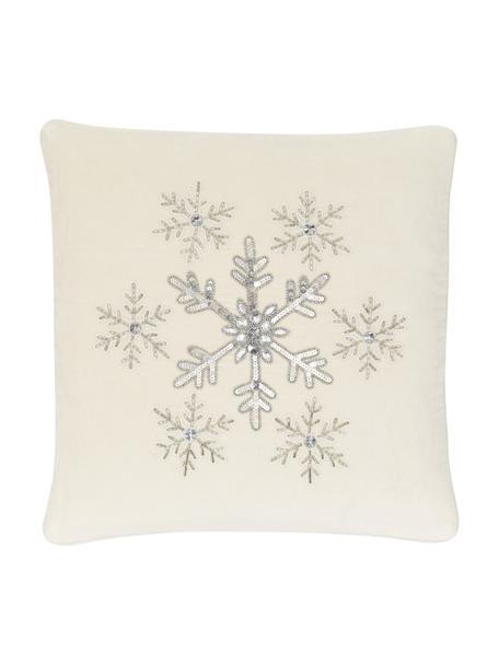 Funda de cojín de terciopelo bordada Snowflake, Terciopelo (100% algodón), Blanco crema, plateado, An 45 x L 45 cm