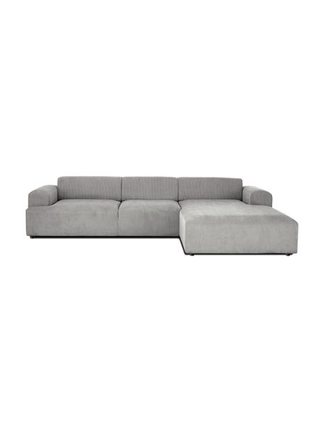Divano angolare a 4 posti in velluto a coste Melva, Rivestimento: velluto a coste (92% poli, Struttura: legno di pino massiccio, , Piedini: plastica, Velluto a coste grigio, Larg. 319 x Alt. 196 cm, chaise-longue a destra