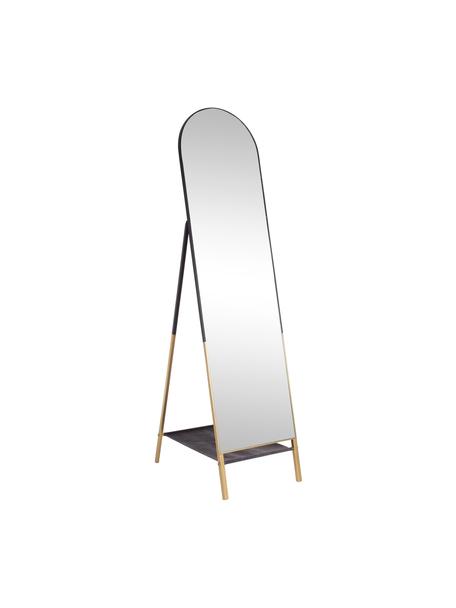Standspiegel Flix mit Ablagefläche, Gestell: Metall, beschichtet, Rückseite: Mitteldichte Holzfaserpla, Spiegelfläche: Spiegelglas, Schwarz, Goldfarben, B 42 x H 170 cm