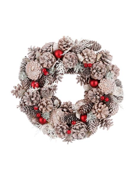 Weihnachtskranz Tim Ø 34 cm, Kiefernzapfen, Weiß, Rot, Ø 34 x H 9 cm