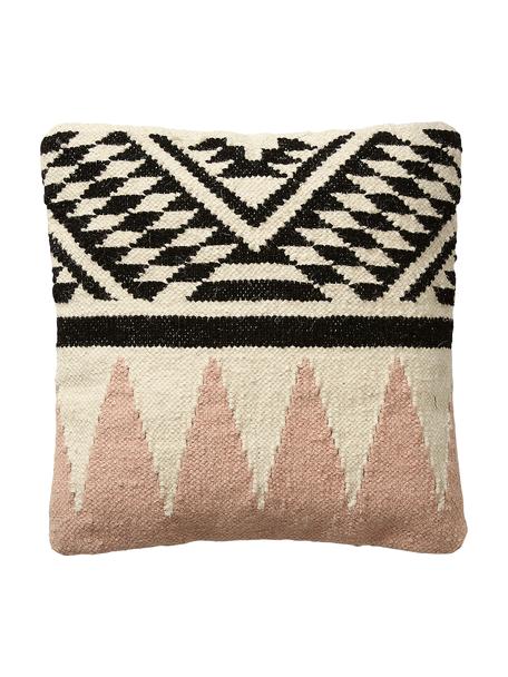 Poszewka na poduszkę z wełny w stylu etno Greta, 90% wełna, 10% bawełna, Beżowy, czarny, blady różowy, S 45 x D 45 cm