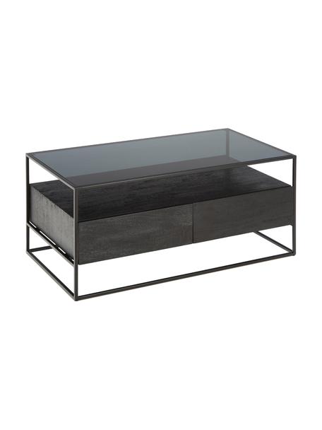 Holz-Couchtisch Theodor mit Schubladen, Tischplatte: Glas, Gestell: Metall, pulverbeschichtet, Mangoholz, Schwarz, B 100 x T 55 cm