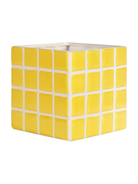 Kleiner Übertopf Tile aus Dolomitstein mit Fliesenoptik in Gelb, Dolomitstein, Gelb, Weiß, B 14 x H 14 cm