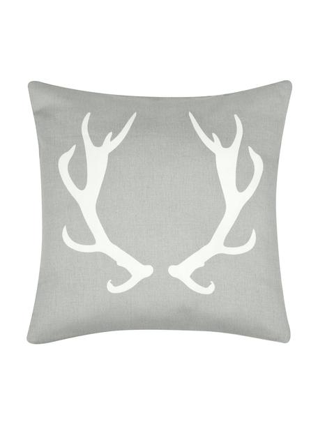 Kissenhülle Horns in Grau/Weiß mit Geweih, Baumwolle, Panamabindung, Grau,Ecru, B 40 x L 40 cm