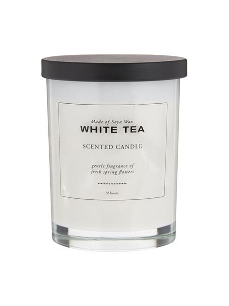 Geurkaars White Tea (poeder & witte thee), Houder: glas, Deksel: hout, Wit, zwart, Ø 8 x H 10 cm