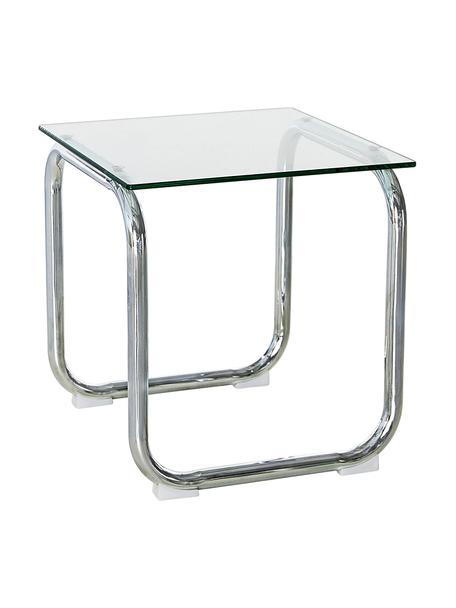 Bijzettafel Lulu met glazen tafelblad, Tafelblad: gehard glas, Frame: gehard glas, Transparant, chroomkleur, B 42 x H 45 cm