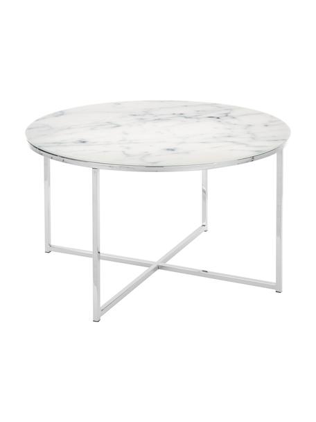Tavolino da salotto con piano in vetro effetto marmo Antigua, Struttura: metallo cromato, Bianco latteo marmorizzato, cromo, Ø 80 x Alt. 45 cm