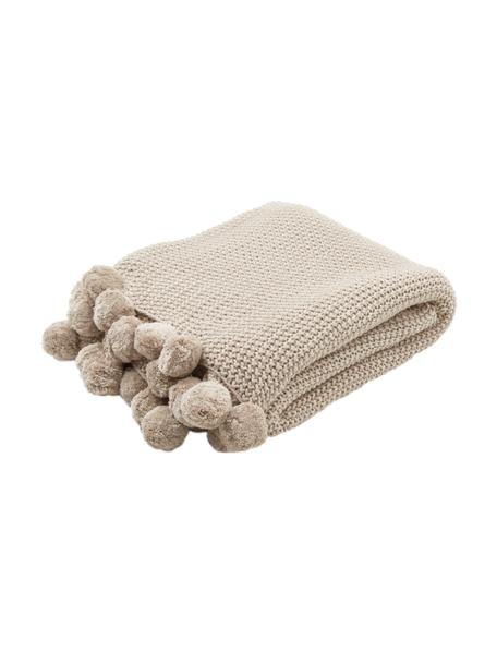 Strickdecke Molly mit Pompoms in Beige, 100% Baumwolle, Beige, 130 x 170 cm
