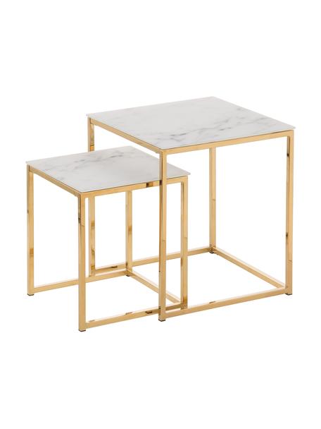 Set 2 tavolini con piano in vetro marmorizzato Aruba, Bianco effetto marmo. dorato, Set in varie misure