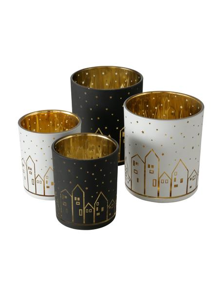 Teelichthalter-Set Little Town, 4-tlg., Glas, Weiß, Schwarz, Goldfarben, Set mit verschiedenen Größen