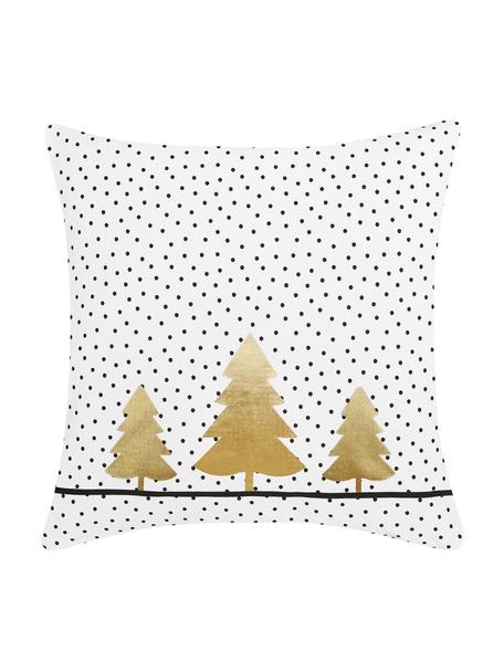 Gestippelde kussenhoes Yule met gouden dennenbomen, Katoen, Wit, zwart, goudkleurig, B 40 x L 40 cm