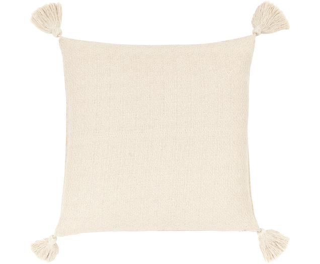 Housse de coussin beige à houppes décoratives Lori