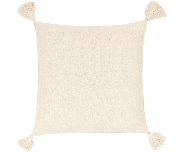 Housse de coussin beige à houppes décoratives Lori