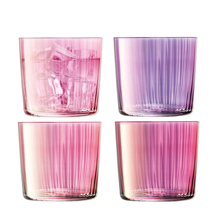 Vasos de colores con relieve de vidrio soplado artesanalmente Gemas, 4 uds., Vidrio soplado artesanalmente, Tonos rosas y lilas, Ø 8 x Al 7 cm