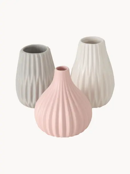 Petits vases en grès cérame Wilma, 3 élém., Grès cérame, Gris clair, rose pâle, blanc cassé, Lot de différentes tailles