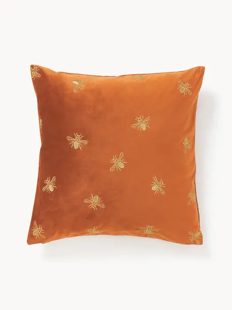 Housse de coussin 45x45 en velours brodé Nora, 100 % velours de polyester, Terracotta, doré, larg. 45 x long. 45 cm