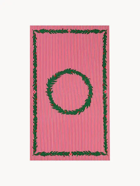 Mantel navideño Christmas Wreath, 100% algodón, Rojo, blanco, verde oscuro, De 4 a 6 comensales (An 150 x L 250 cm)