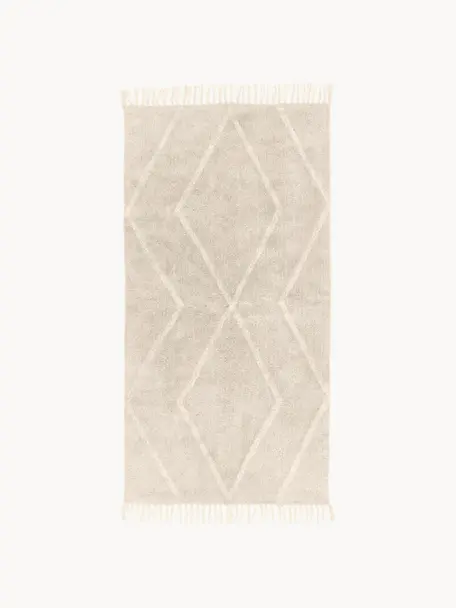 Alfombra artesanal de algodón con flecos Bina, Beige, An 80 x L 150 cm (Tamaño XS)