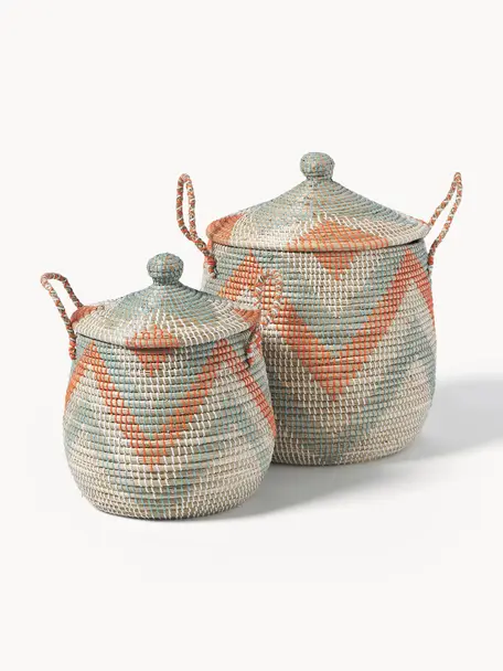 Paniers de rangement avec couvercle Mija, 2 élém., Jonc de mer, Orange, vert sauge, beige, Ø 45 x haut. 52 cm