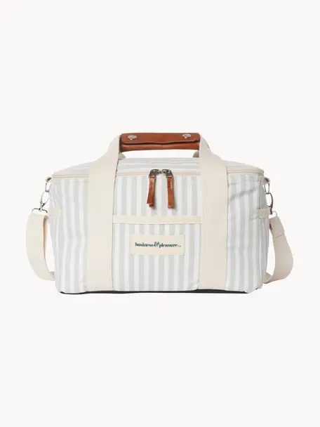 Sac isotherme Retro, 40 % coton, 40 % polyester, 15 % PVC recyclé, 5 % cuir, Blanc crème, vert menthe, larg. 32 x haut. 20 cm