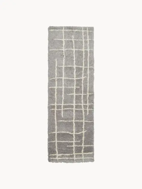 Tapis de couloir moelleux à poils longs gris tufté main Amelie, Gris & blanc crème, imprimé, larg. 80 x long. 250 cm