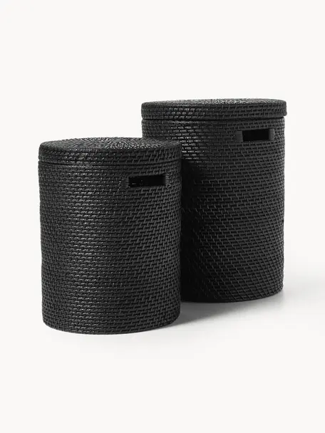 Set di 2 cesti portabiancheria con coperchio Lurdes, Rattan, Nero, Set in varie misure