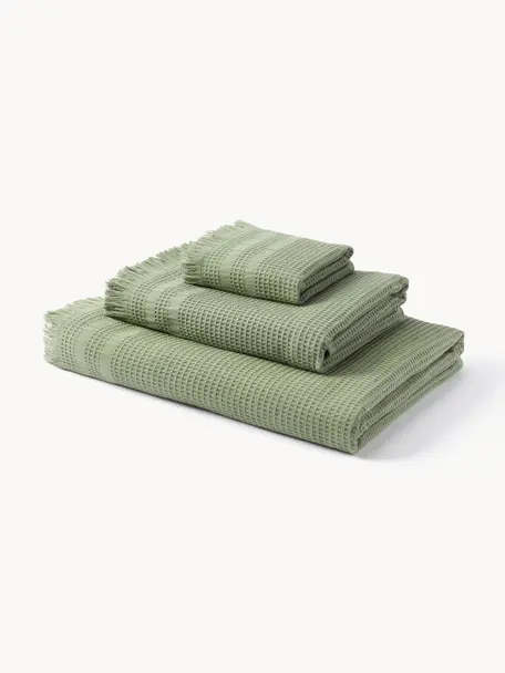 Lot de serviettes de bain en piqué gaufré Yara, 3 élém., Vert olive, 3 éléments (1 serviette invité, 1 serviette de toilette et 1 drap de bain)