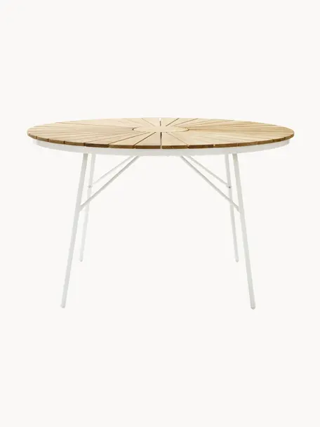 Tavolo rotondo da giardino con piano in legno di teak Hard & Ellen, in varie misure, Struttura: alluminio verniciato a po, Bianco, legno di teak, Ø 110 x Alt. 73 cm