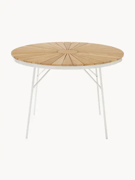 Ronde tuintafel Ellen met teakhouten tafelblad, verschillende formaten, Tafelblad: gepolijst teakhout V-Lega, Frame: gepoedercoat aluminium, Teakhout, wit, Ø 150 x H 73 cm