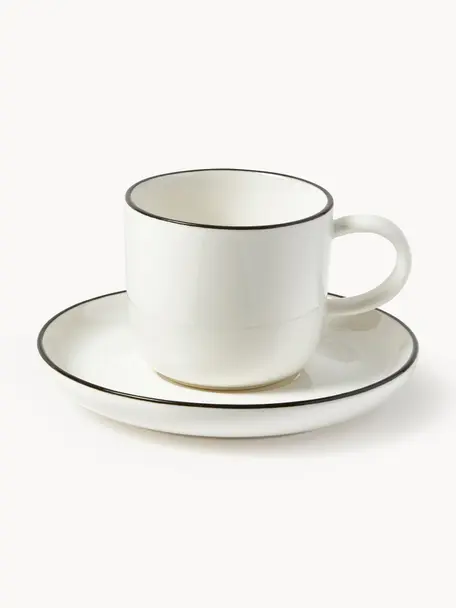 Tazas espresso con platitos de porcelana Facile, 2 uds., Porcelana dura de alta calidad (aprox. 50% caolín, 25% cuarzo y 25% feldespato), Off White con borde negro, Ø 7 x Al 6 cm, 125 ml