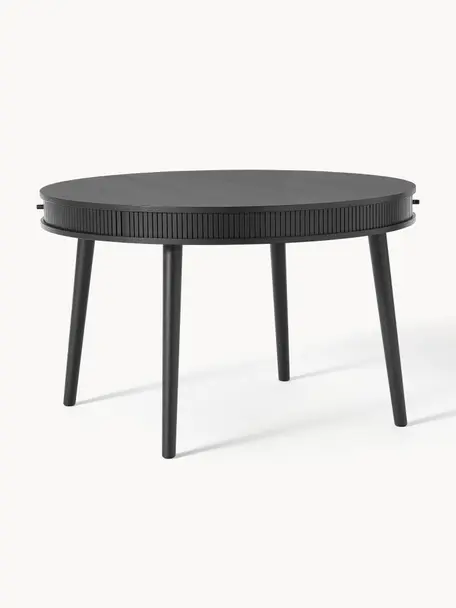 Mesa de comedor redonda con espacio de almacenamiento Calary, Ø 120 cm, Tablero: fibras de densidad media , Patas: roble, Madera de roble lacada en negro, Ø 120 cm