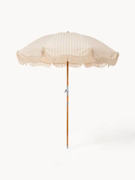 Parasol Retro met franjes, knikbaar, Frame: gelamineerd hout, Franjes: katoen, Lichtbeige, Ø 180 x H 230 cm