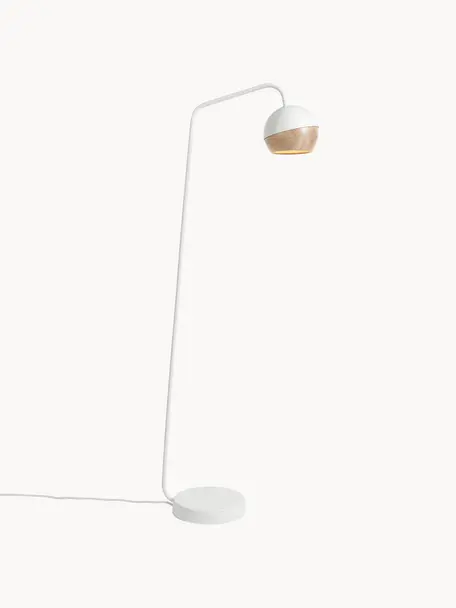 Lámpara de pie pequeña Ray, Pantalla: madera de roble con certi, Estructura: acero pintado, Cable: cubierto en tela, Blanco, Al 127 cm