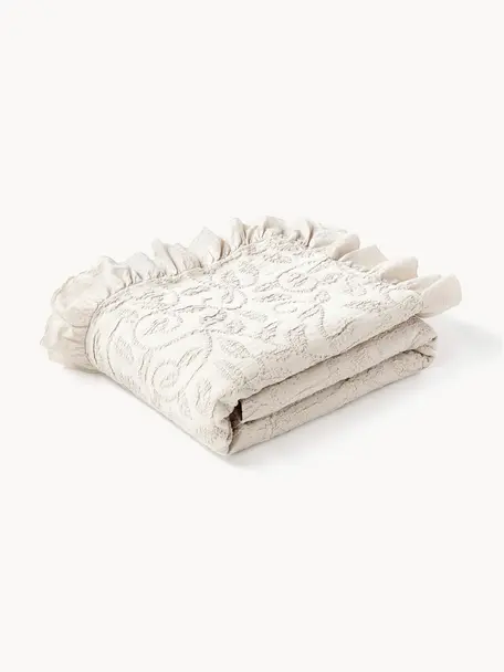 Strukturierte Baumwoll-Decke Clara mit Rüschen und floralem Muster, 99 % Baumwolle, 1% Spandex, Hellbeige, B 230 x L 250 cm