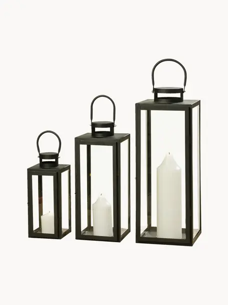 Set di 3 lanterne in vetro Arana, Vetro, metallo, Nero trasparente, Set in varie misure