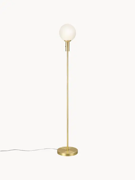Stehlampe Minna aus Opalglas, Lampenschirm: Opalglas, Lampenfuß: Metall, vermessingt, Goldfarben, Weiß, H 144 cm