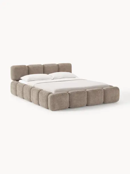 Cama tapizada de boreguillo bouclé Tayla, con espacio de almacenamiento, Tapizado: borreguillo bouclé (100% , Tapizado: espuma, certificado Certi, Estructura: madera maciza de abeto, t, Patas: madera de abedul Este pro, Borreguillo bouclé taupe, An 140 x L 200 cm