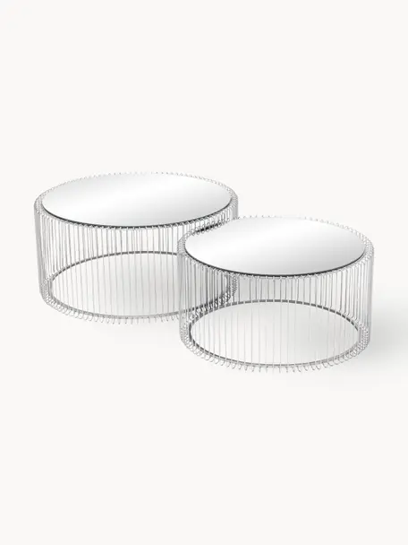 Set de mesas de centro Wire, 2 uds., tablero de vidrio, Estructura: acero con pintura en polv, Tablero: vidrio laminado, Plateado, espejo, Set de diferentes tamaños