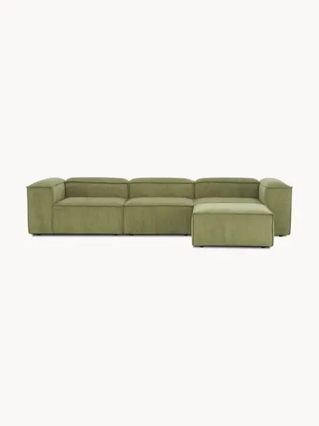 Modulares Sofa Lennon (4-Sitzer) aus Cord mit Hocker, Bezug: Cord (92 % Polyester, 8 %, Gestell: Massives Kiefernholz, Spe, Füße: Kunststoff Dieses Produkt, Cord Olivgrün, B 327 x T 207 cm