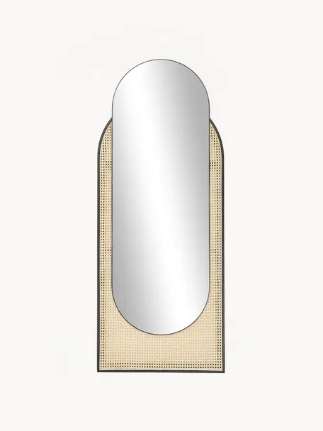 Specchio ovale da parete con intreccio viennese Esma, Cornice: metallo, rattan, Retro: pannello di fibra a media, Superficie dello specchio: lastra di vetro, Nero, beige, Larg. 66 x Alt. 162 cm
